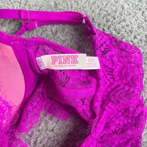 Victoria's Secret PINK Lace Push-Up Pigeonnant Bra M A-C Fushia Floral - Picture 6 of 8